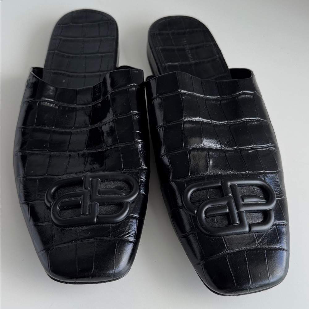 Balenciaga Black Croc-Embossed Mules